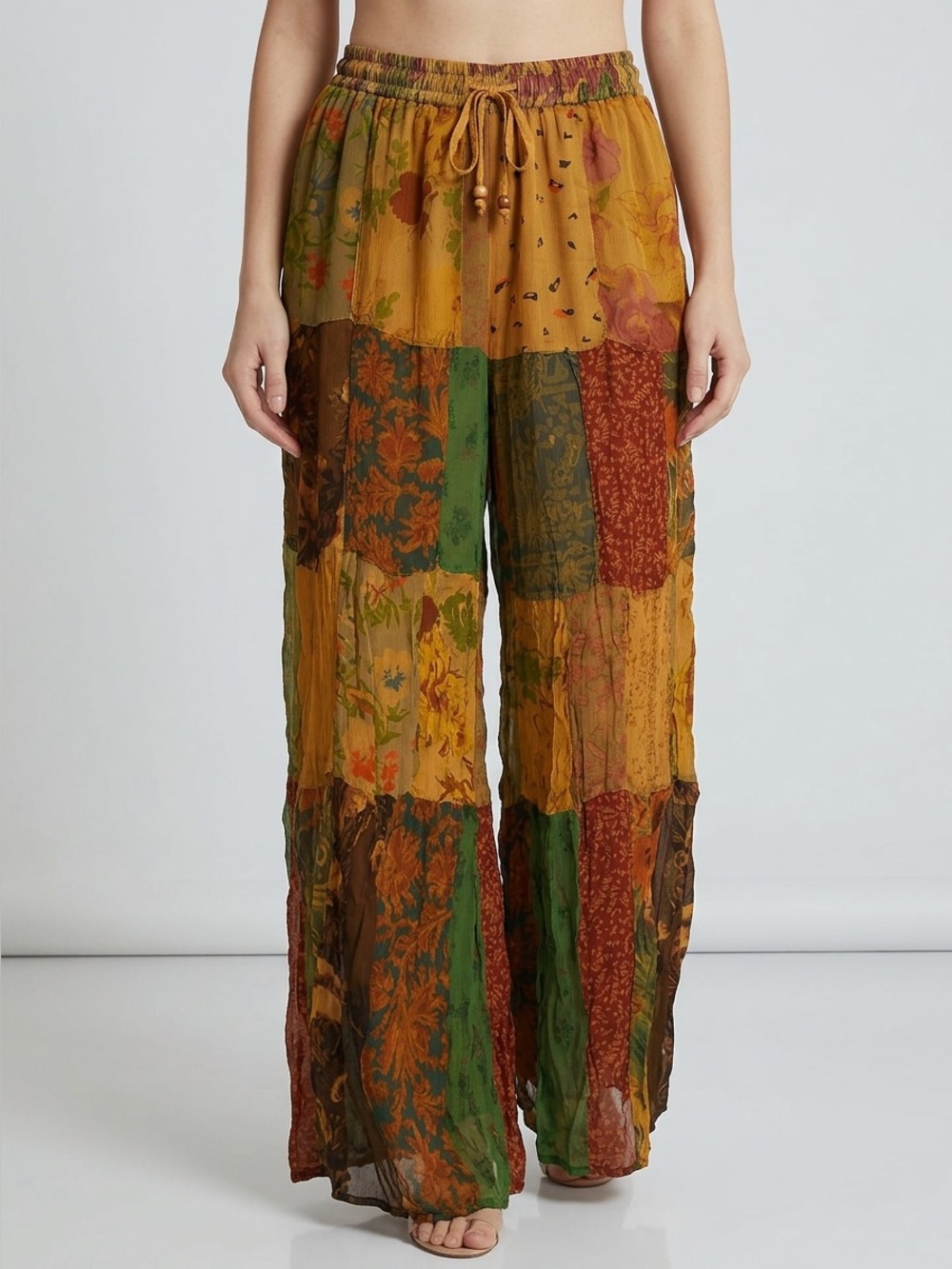 “The Nancy” Mustard Bohemian Patchwork Wide-Leg Pants